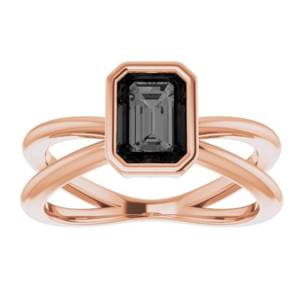 Black Emerald Cut Diamond Bezel Set Split Shank Anniversary Ring for Women