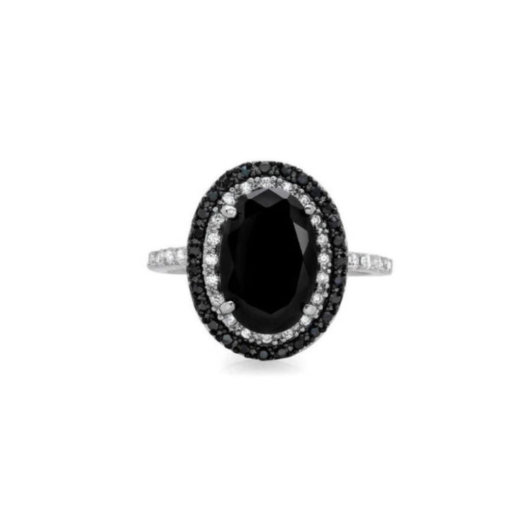  Black Oval And Round Cut Diamond Double Halo Black And White Diamond Ring For Women