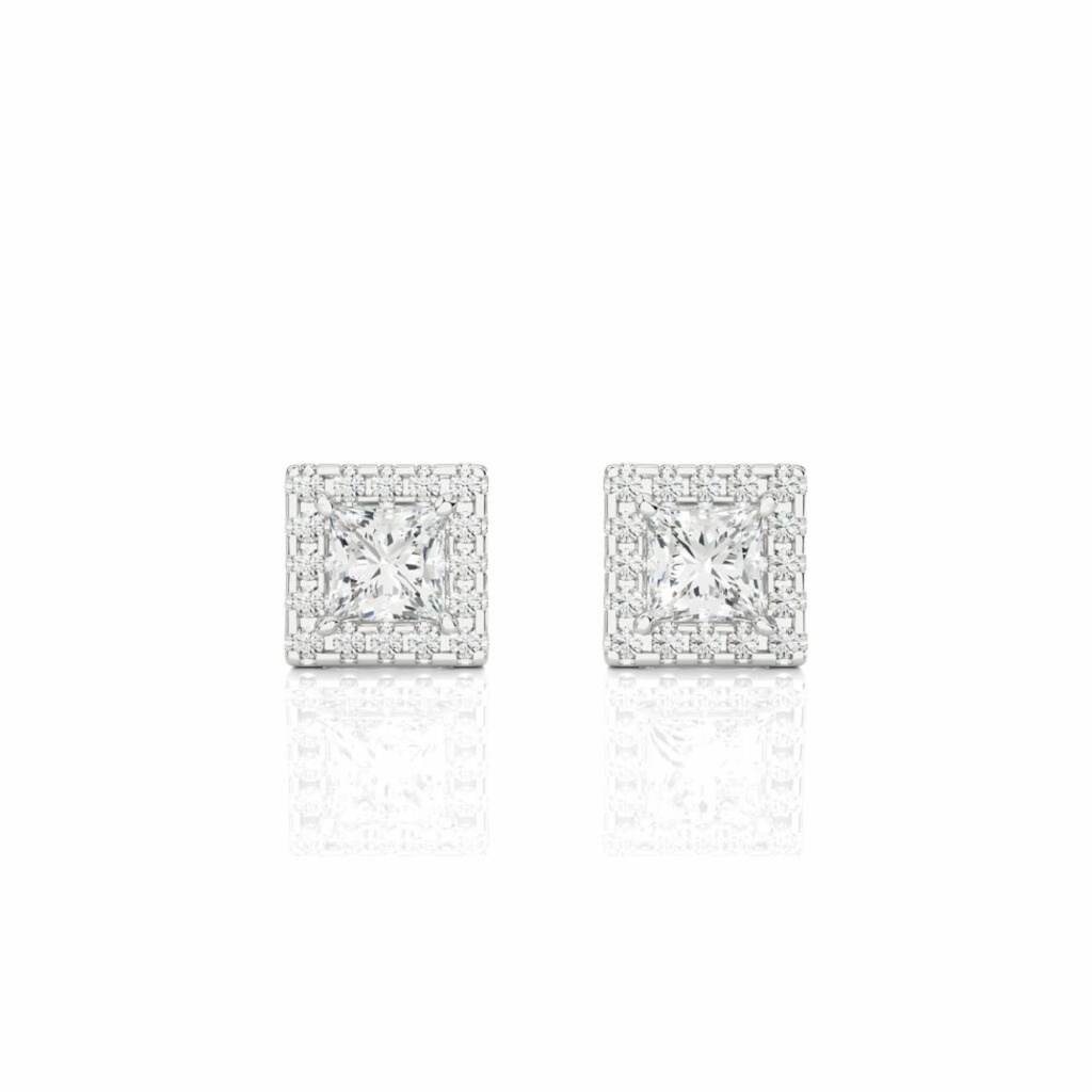 Princess Cut Diamond Prong Set Halo Stud Earrings For Women