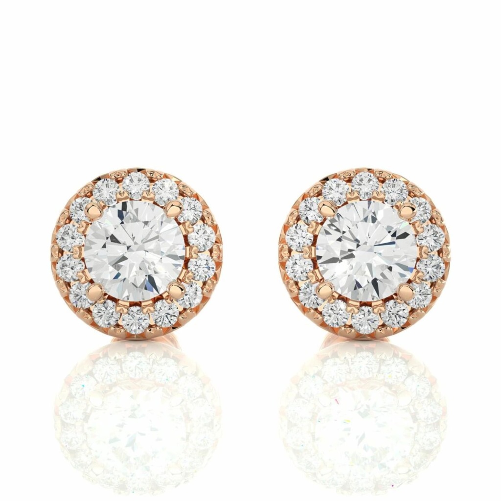  Round Cut Diamond Prong Set Halo Diamond Stud Earrings For Women