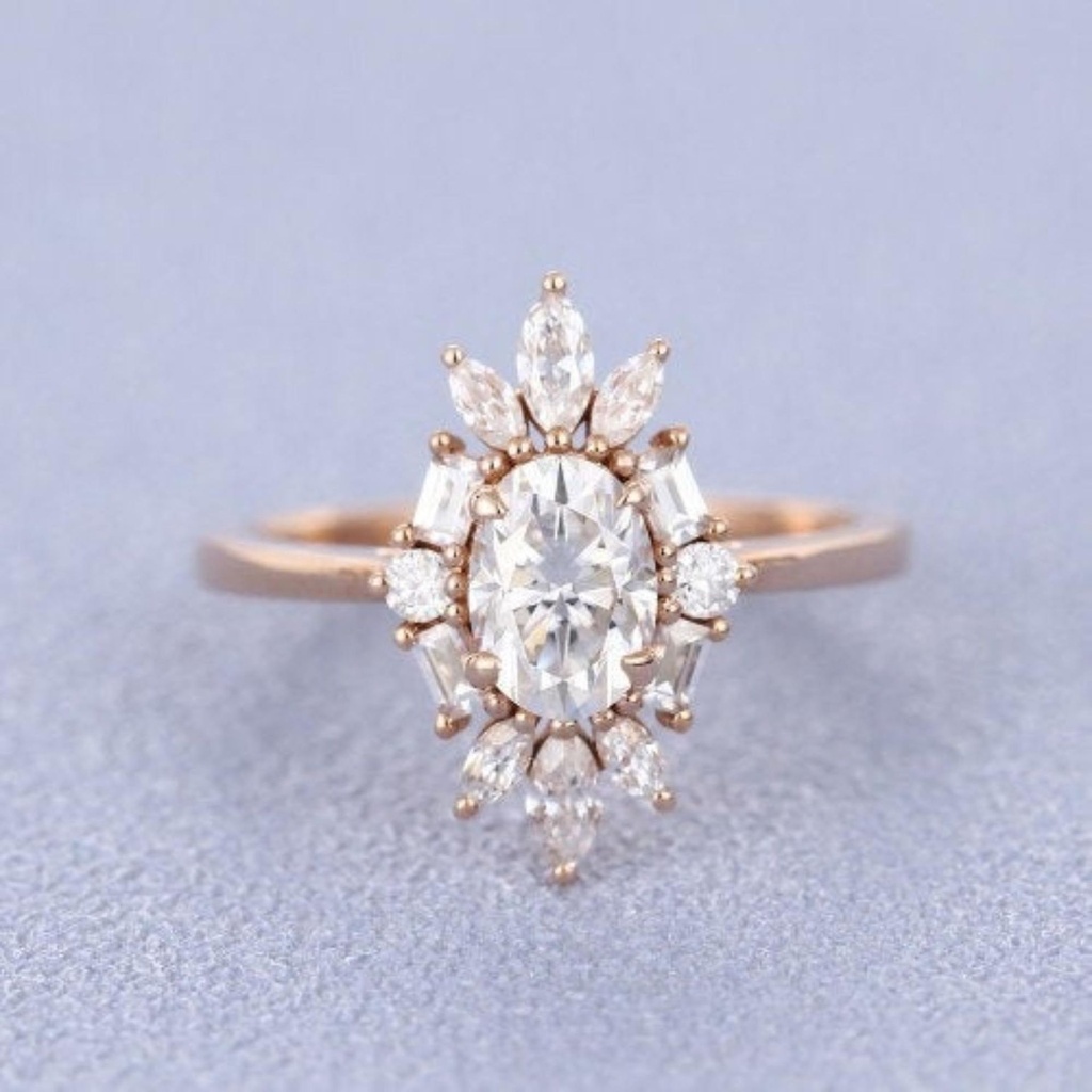 Moissanite Engagement Ring Rose Gold Wedding MOISSANITE Cluster Ring Bridal Marquise Wedding Band Women Unique Anniversary