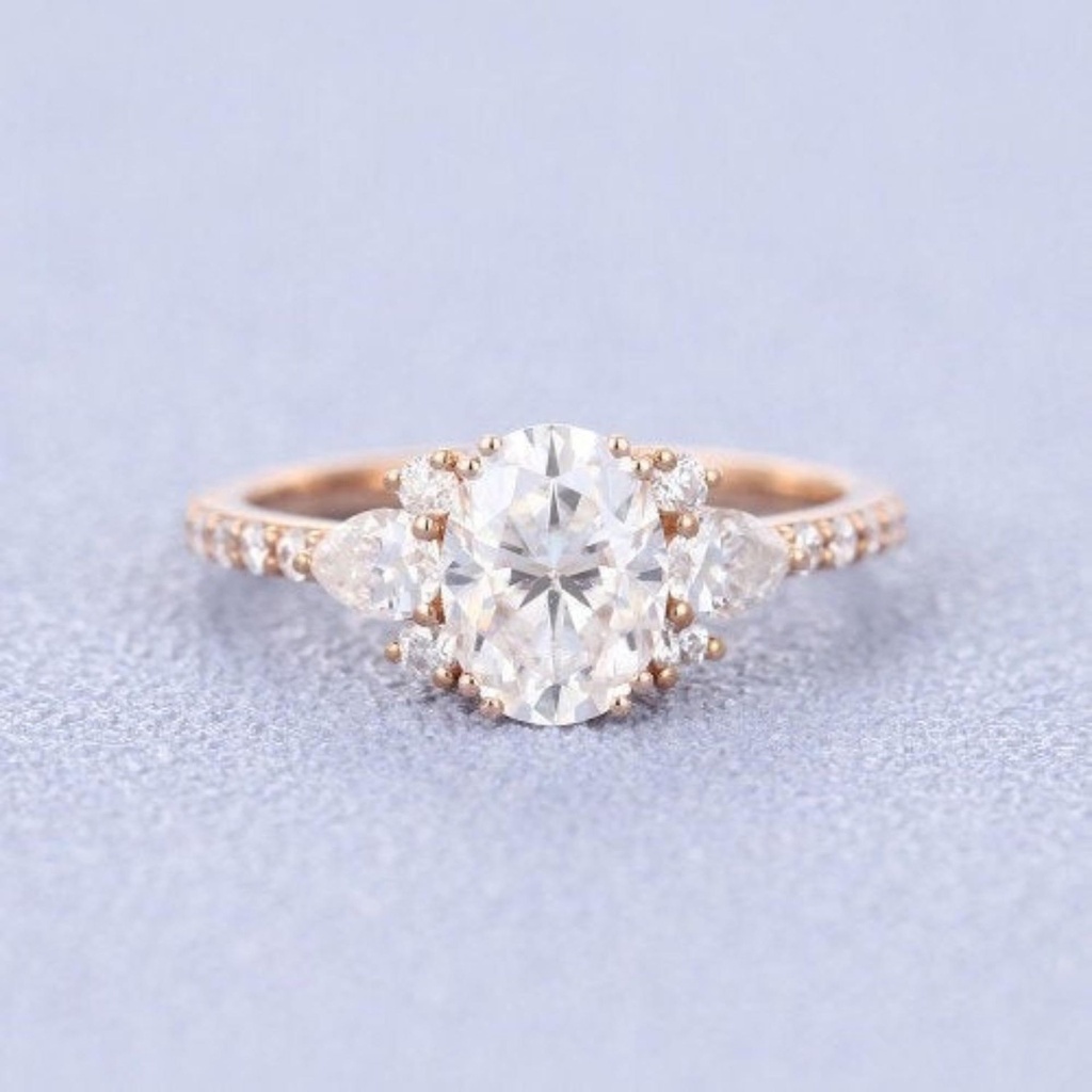 Moissanite engagement ring rose gold oval moissanite ring diamond band art deco unique vintage cluster Pear ring wedding Bridal Anniversary