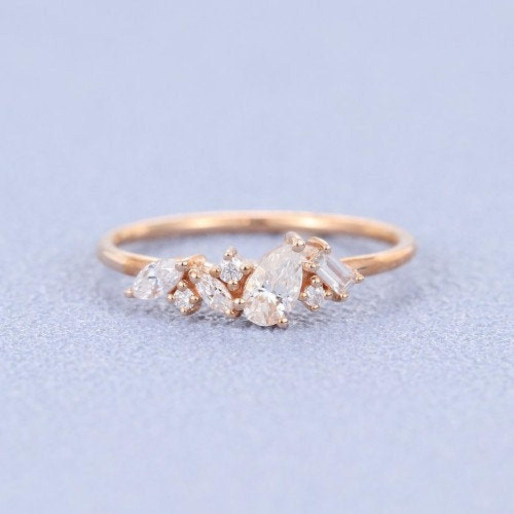 Vintage Moissanite engagement ring rose gold Unique Pear shaped diamond Cluster engagement ring Baguette cut for women art deco Promise gift