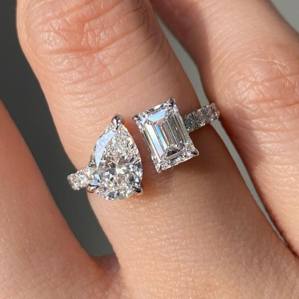 3.09TCW Pear And Emerald Two Stone Design VVS Moissanite Engagement Ring10K 14K 18K Solid Gold