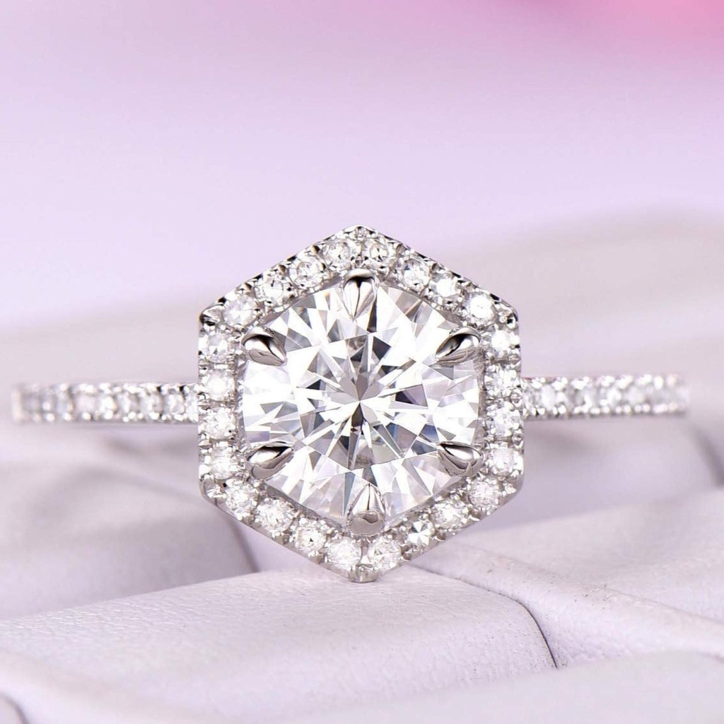Hexagon Moissanite Engagement Ring Vintage 14k Gold Diamond cluster Unique Bride Bridal geometric wedding ring anniversary gift for her