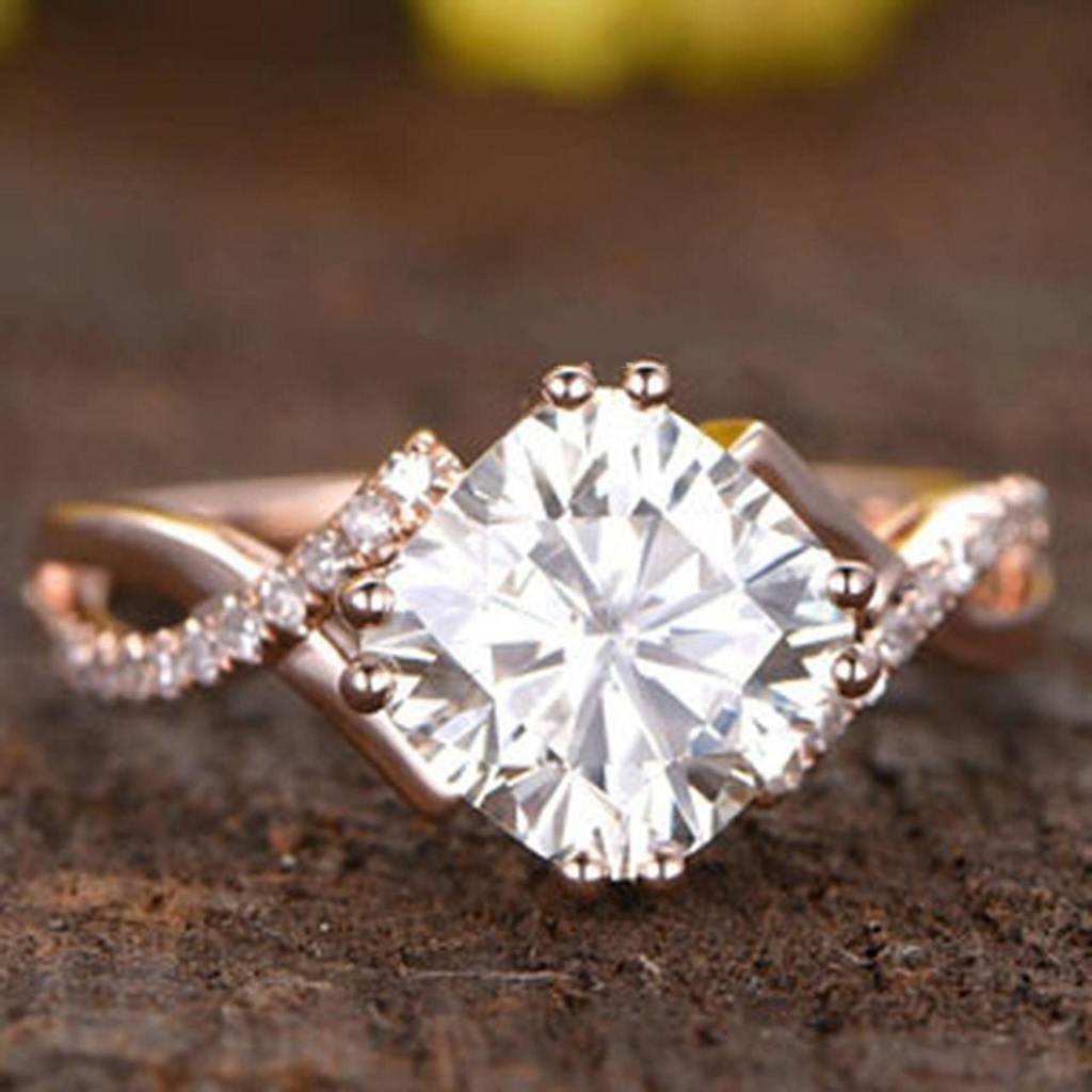 Cushion Moissanite Engagement Ring Art Deco unique split shank engagement band Rose Gold Diamond Wedding Ring for women Annniversary Gift