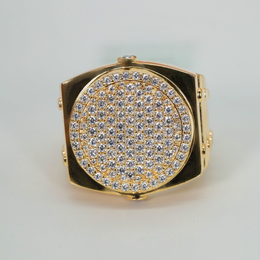 A striking mens hip hop diamond ring in 14 kt yellow gold, elevated with enhanced brilliance and VVS clarity to accentuate their style