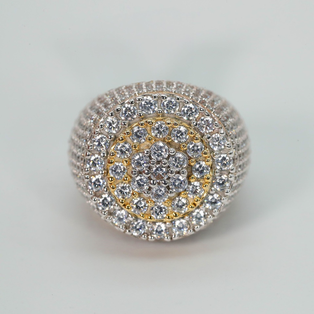 An elegant womens hip hop ring crafted from 14 kt yellow gold and adorned with lab grown diamonds of VVS clarity exuding style and sophistication