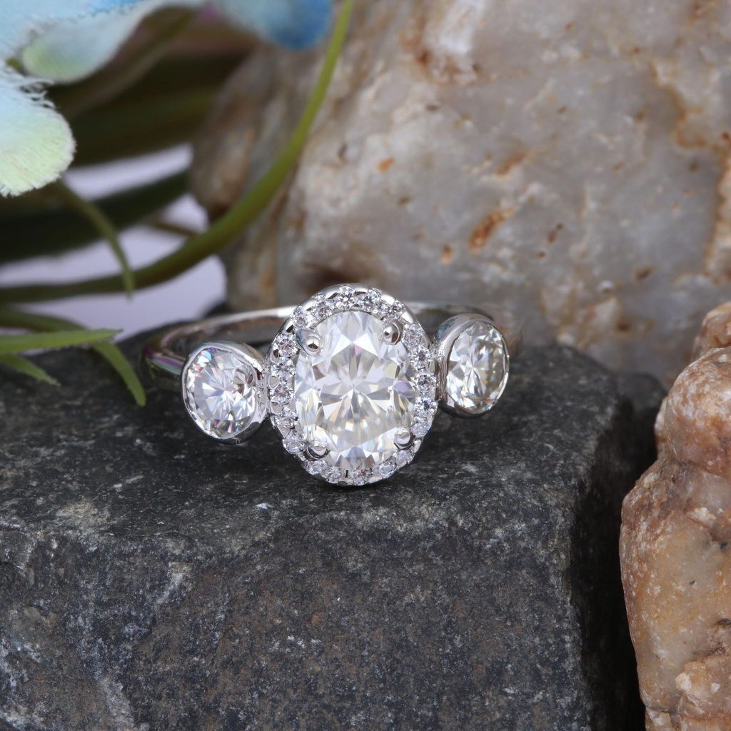 Oval Cut Diamond Three Stone Halo Engagement Ring for Women