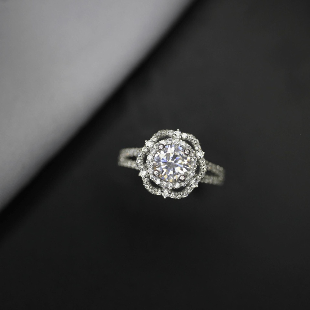 Round Cut Double Halo Moissanite Engagement Ring In White Gold