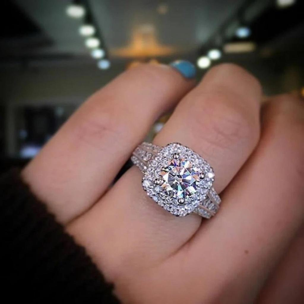 Round Diamond Engagement Ring, Double Halo  Ring, 14K White Gold Wedding Ring, Anniversary Gift For Her