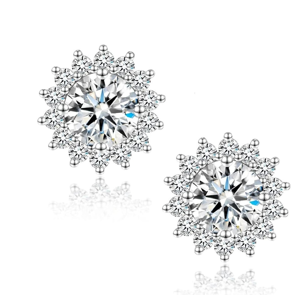 925 Sterling Silver Round Brilliant Cut White Cubic Zirconia Sunflower Stud Earrings