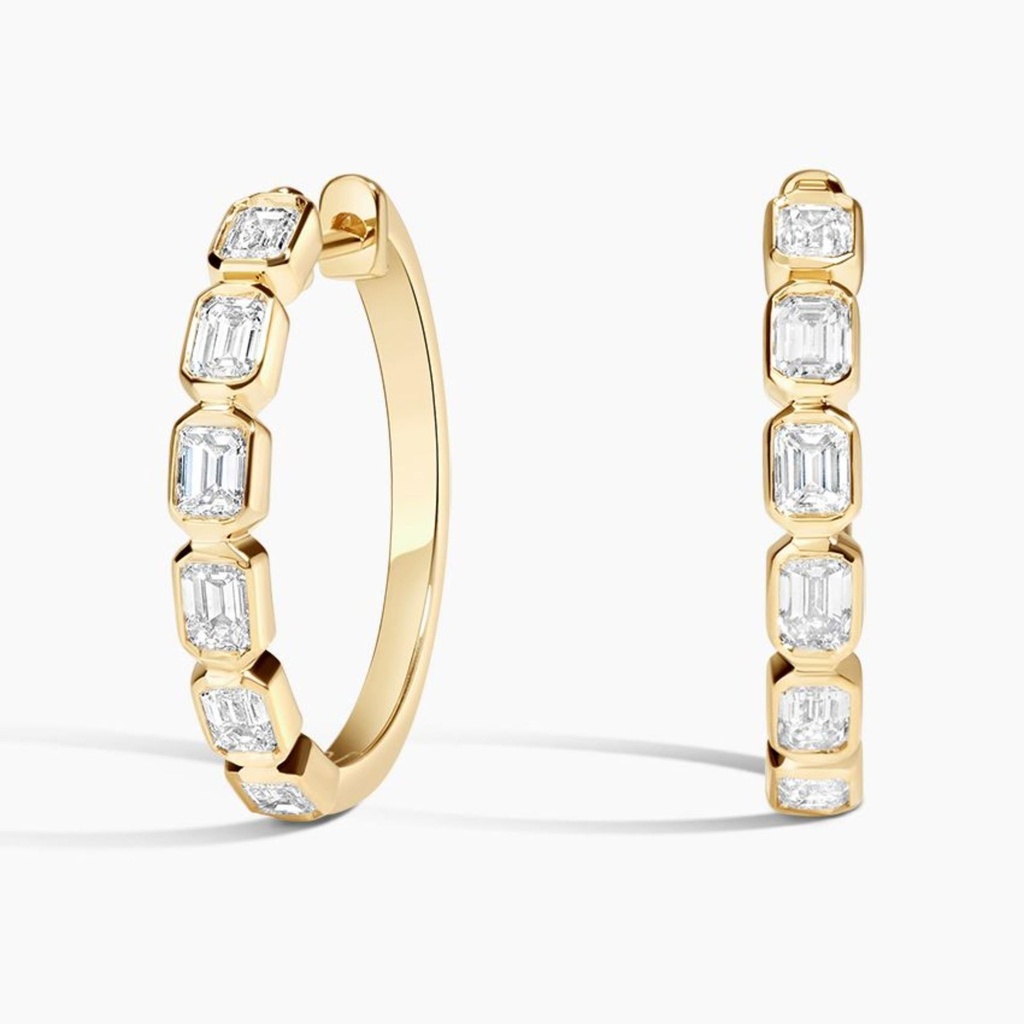 Emerald Cut Yellow Gold Bezel Set Hoop Earrings for Women, Handmade Jewelry, Fine Jewelry
