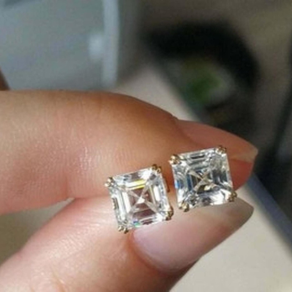 Asscher Cut Lab Grown Diamond Stud Earrings, Yellow Gold Earrings, Wedding Earrings, Push Back Earring