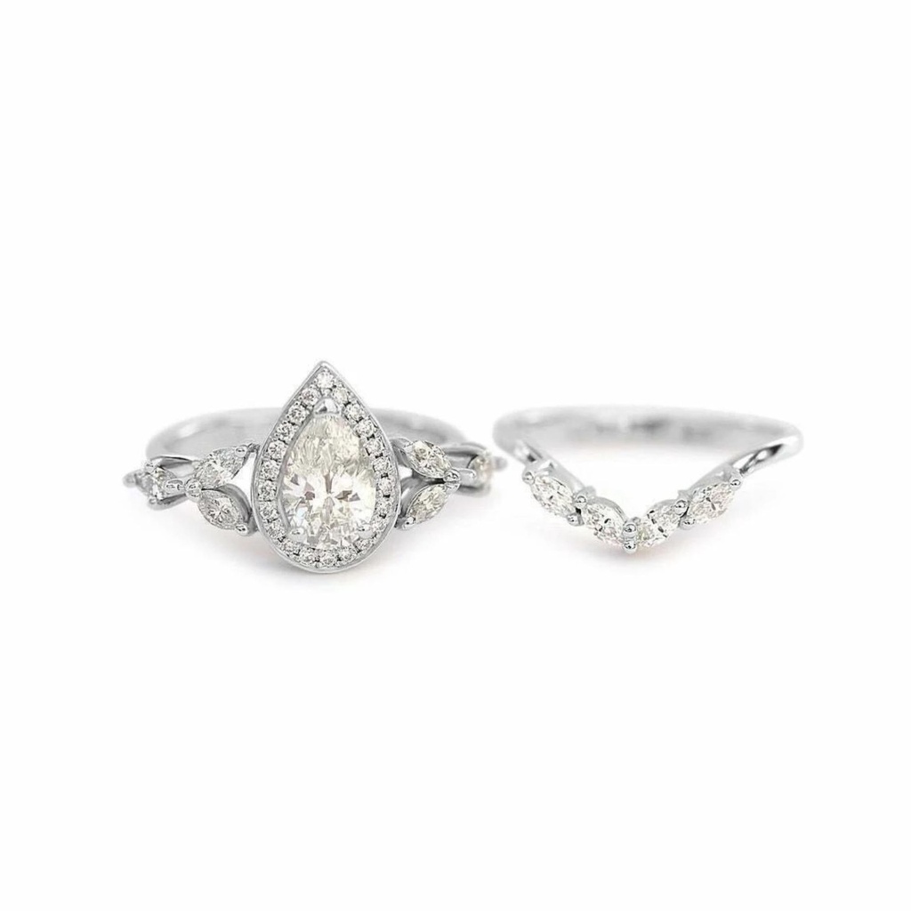Bridal set, Pear Shape Halo Moissanite Ring Set, Pear Cut Moissanite Ring With Matching Curved Band, Solid White Gold Ring Set