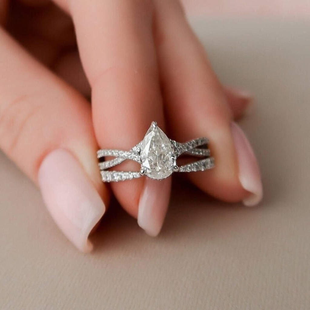 Pear Cut Lab-Grown Diamond Twisted Bridal Set with Open Stack Ring, Lab Created Diamond Engagement Ring, Solid Gold Wedding Ring for Her