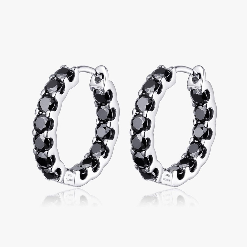 Black Round Cut Diamond Inside Outside Hoop Earrings For Women