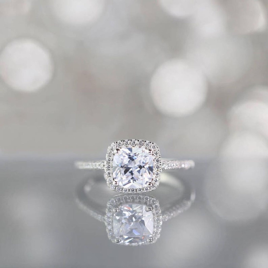Cushion Cut  Halo Four Prong Ring in 925 Sterling Silver Ring For Engagement