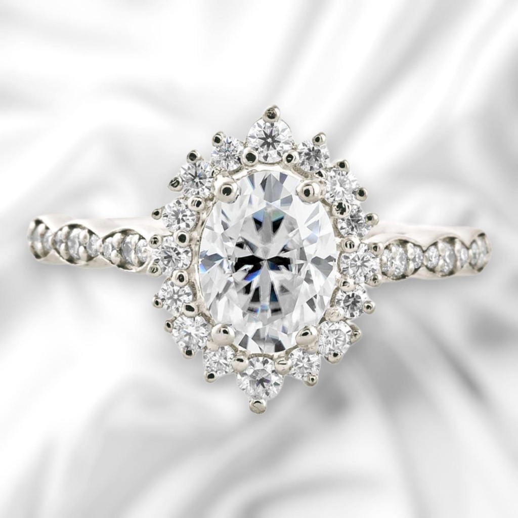 Halo Oval Cut White In 925 Sterling Silver Ring For Women's Engagement