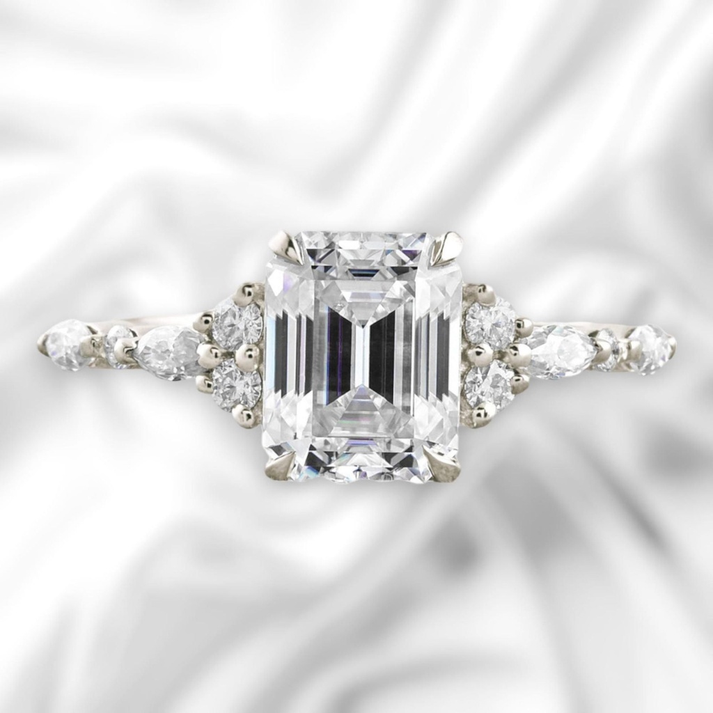 Cluster Emerald Cut White In 925 Sterling Silver Ring For Women's Engagement