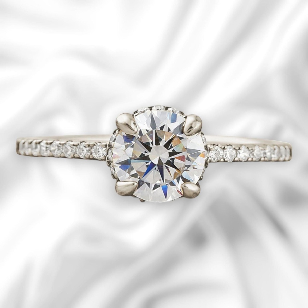 Hidden Halo Round Cut White Sterling Silver Ring For Women's Engagement