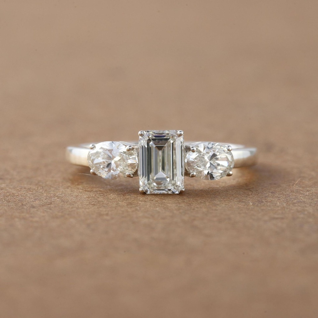 Emerald And Oval Cut Diamond 3 Stone Birthday Gift Ring for Women