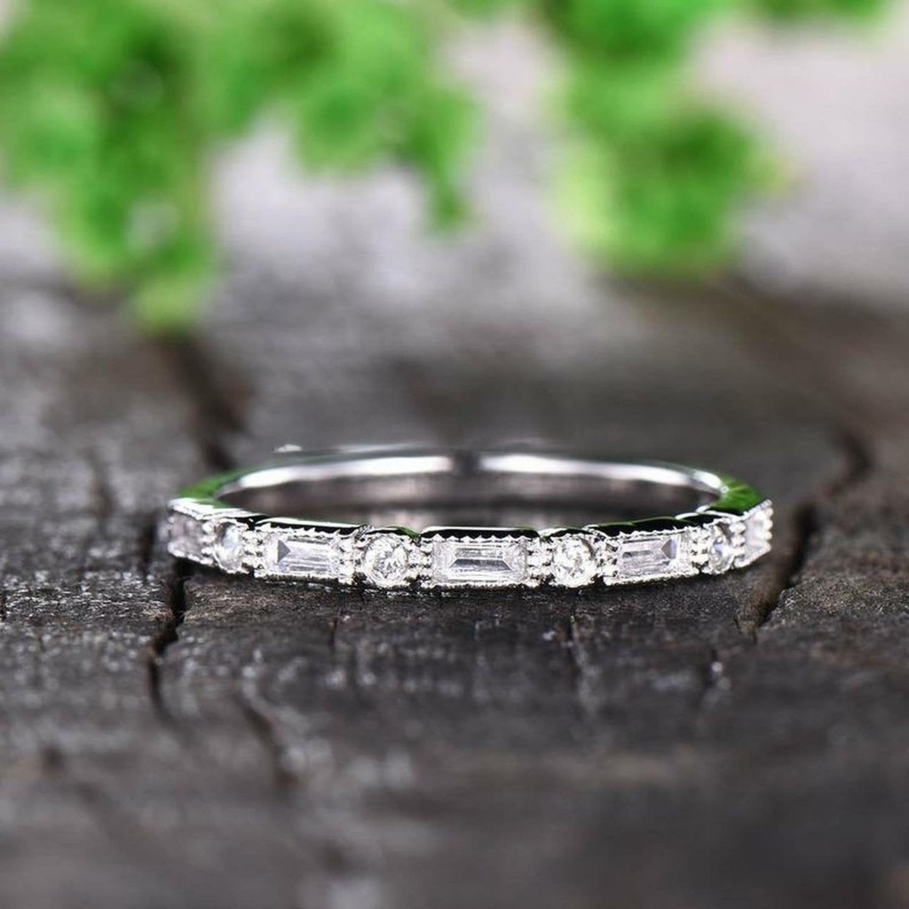 Art Deco Wedding Band - Half Eternity Band - Vintage Style Band - Sterling Silver Band - Baguette & Dot Ring - Stacking Ring 