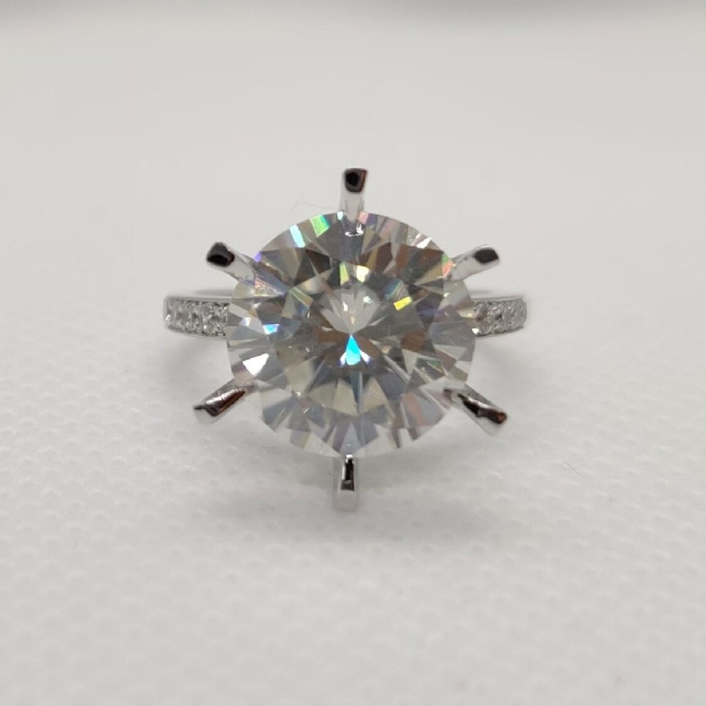 Solitaire With Accents Round Cut White Moissanite In 925 Sterling Silver Ring For Women's Engagement