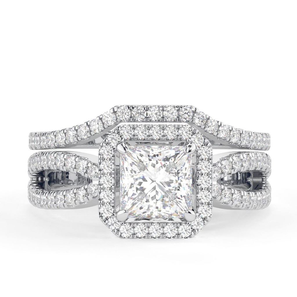 Split Shank  Engagement Ring Set Halo Bridal Ring Set Contour Diamond Matching Ring Gold Infinity Ring Promise Ring