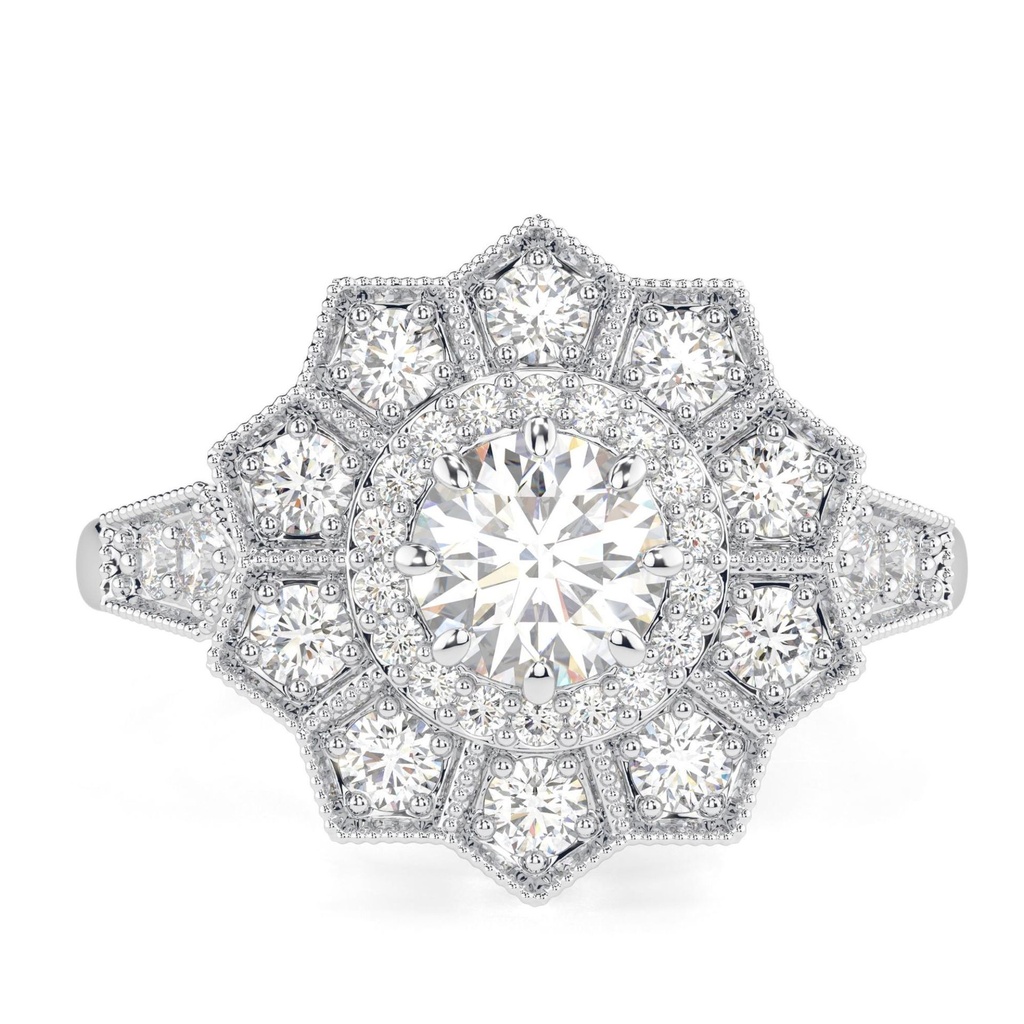 Round Cut Diamond Halo Floral Style Engagement Ring For Women
