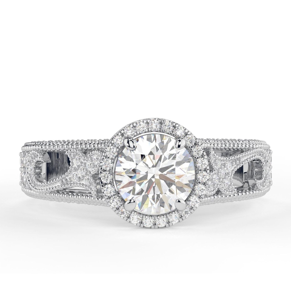 Round Cut Diamond Vintage Heavy Unique Halo Engagement Ring for Women