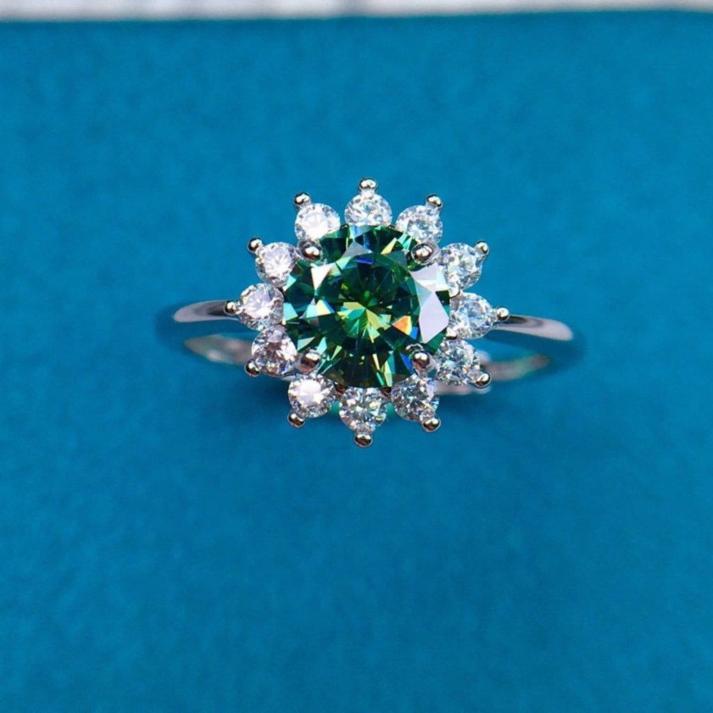 Green  Rings, Sunflower Design, Brilliant Round Cut Diamond Rings | 925 Sterling Silver