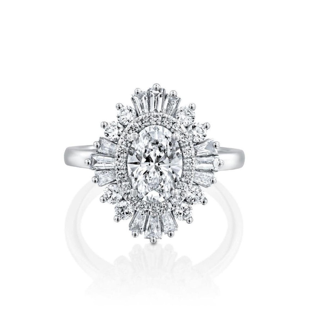 Oval & Baguette Halo Diamond Engagement Rings, Sterling Silver Diamond Wedding Rings For Bridal, 10K/14K Gold Anniversary 