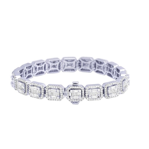 Baguette & Round Diamond Hip Hop Bracelet, Sterling Silver  Plated Gold Diamond Bracelet For Birthday Gift, Iced Out Diamond Bracelet
