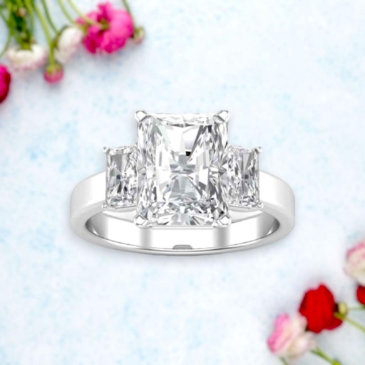 3 Stone Radiant Cut White Moissanite In 925 Sterling Silver Ring For Women's Engagement