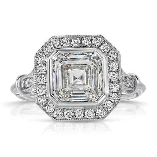 Art Deco Asscher Lab Grown Diamond Engagement Ring with Filigree Goldwork, 14K White Gold