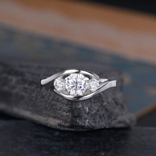 Three Stone Bypass Moissanite Diamond Ring, Round Cut Moissanite Engagement Ring, Tension Set Fancy Wedding Ring, Gift for her