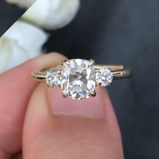 Three Stone  Engagement Ring Cushion OEC  Engagement Ring 14K White Gold Wedding Ring Three Stone Engagement Ring
