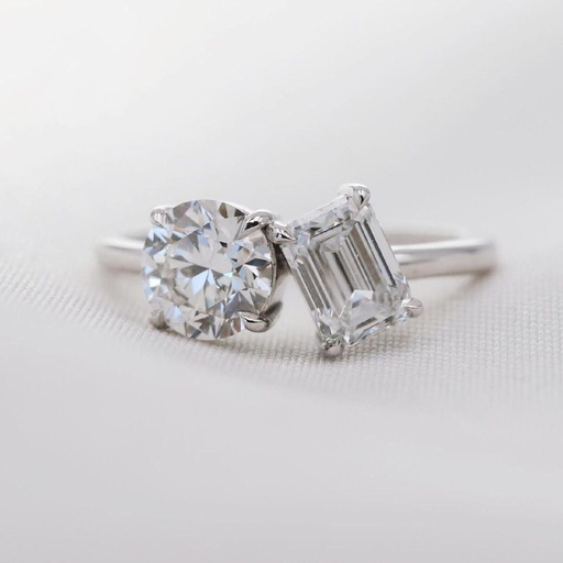 Round And Emerald Cut Moissanite 14K White Gold Ring / Two Stone Moissanite Engagement Ring /Toi Et Moi Moissanite Ring For Anniversary Gift