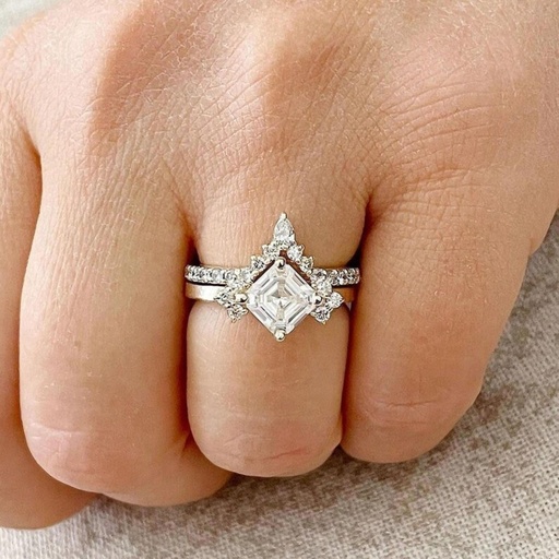 Asscher Cut Moissanite Antique Vintage Ring Set, 2TCW Moissanite Diamond Ring Set, Vintage Cluster Wedding &amp; Engagement Bridal Ring Set