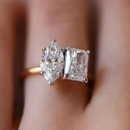 Toi Et Moi Lab Grown Diamond Ring Engagement Ring Radiant and Marquise Diamond Wedding Ring/14K Yellow Gold Ring