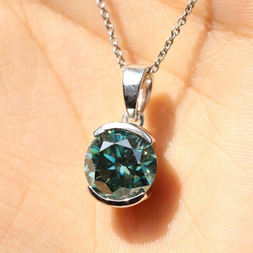  Round Cut Blue Moissanite Pendant, Half Bezel Set Pendant, Charm Pendant, Wedding Pendant, Anniversary Gift, Unique Pendant