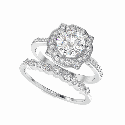 Round Cut Engagement Ring Set Dainty Bridal Set Unique Art Deco Wedding Ring For Women Halo Anniversary Ring