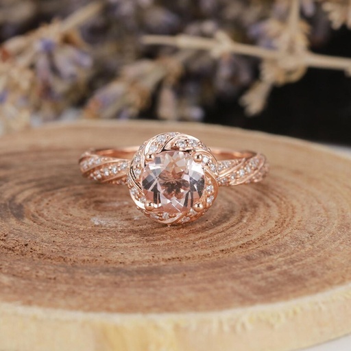 Vintage morganite engagement ring rose gold art deco diamond halo wedding ring antique half eternity crossover ring promise anniversary ring