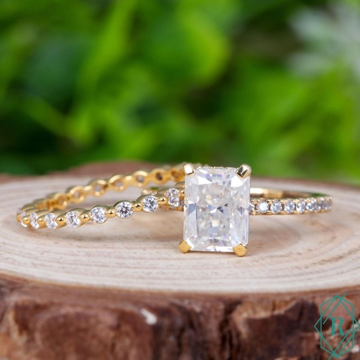  Colorless Radiant Cut Engagement Ring / 14KT Solid Gold Bridal Ring Set / Half Eternity Matching Band / Wedding Ring Set For Her