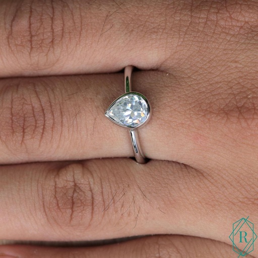 Solitaire Bezel Set Ring, Pear Cut Colorless Engagement Ring, Solitaire Wedding Ring, Propose Ring for Her