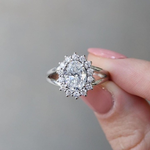  Oval Cut Engagement Ring-Oval Halo  Ring Melee Round Accent-Split Shank-