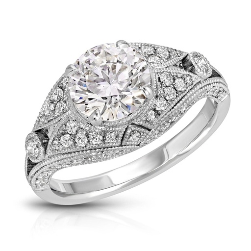  Antique Lab Grown Diamond Engagement Ring with Milgrain Beading and Floral Motifs, 14K White Gold, IGI CERTIFIED