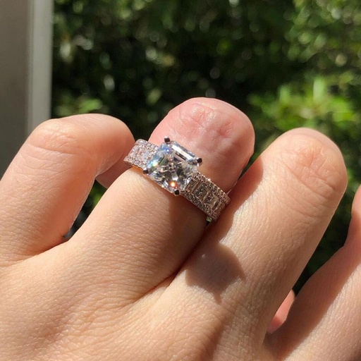 Asscher Cut Lab Grown Diamond Solitaire Hidden Halo Engagement Ring/ Solitaire With Accent Ring Full Eternity Band/ Wedding Anniversary Ring