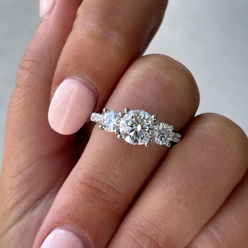3 Stone Round Cut Lab Grown Diamond Pave Set Engagement Ring, 14K White Gold Lab Certified Solitaire Wedding Ring, Gift For Her,Promise Ring